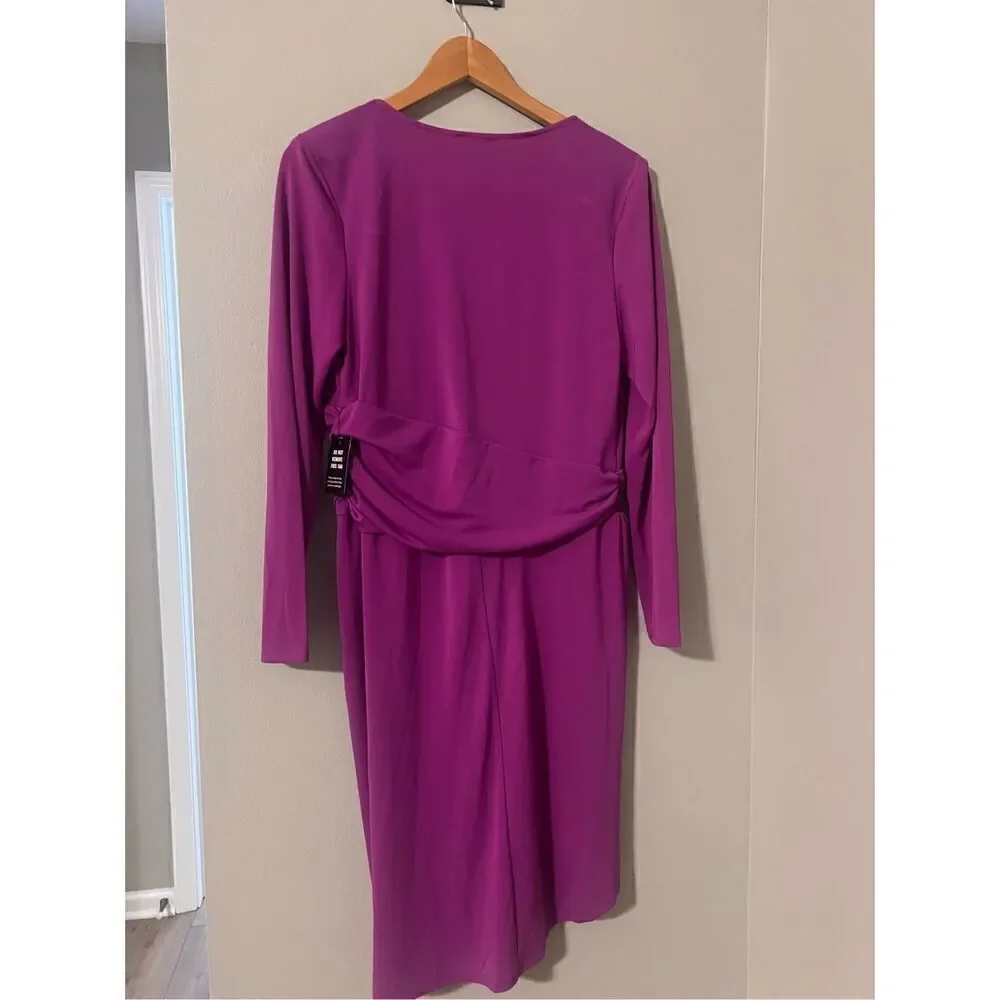 Express L Draped V-Neck Strong Shoulder Mini Dress Magenta Purple Asymmetrical - Picture 4 of 9